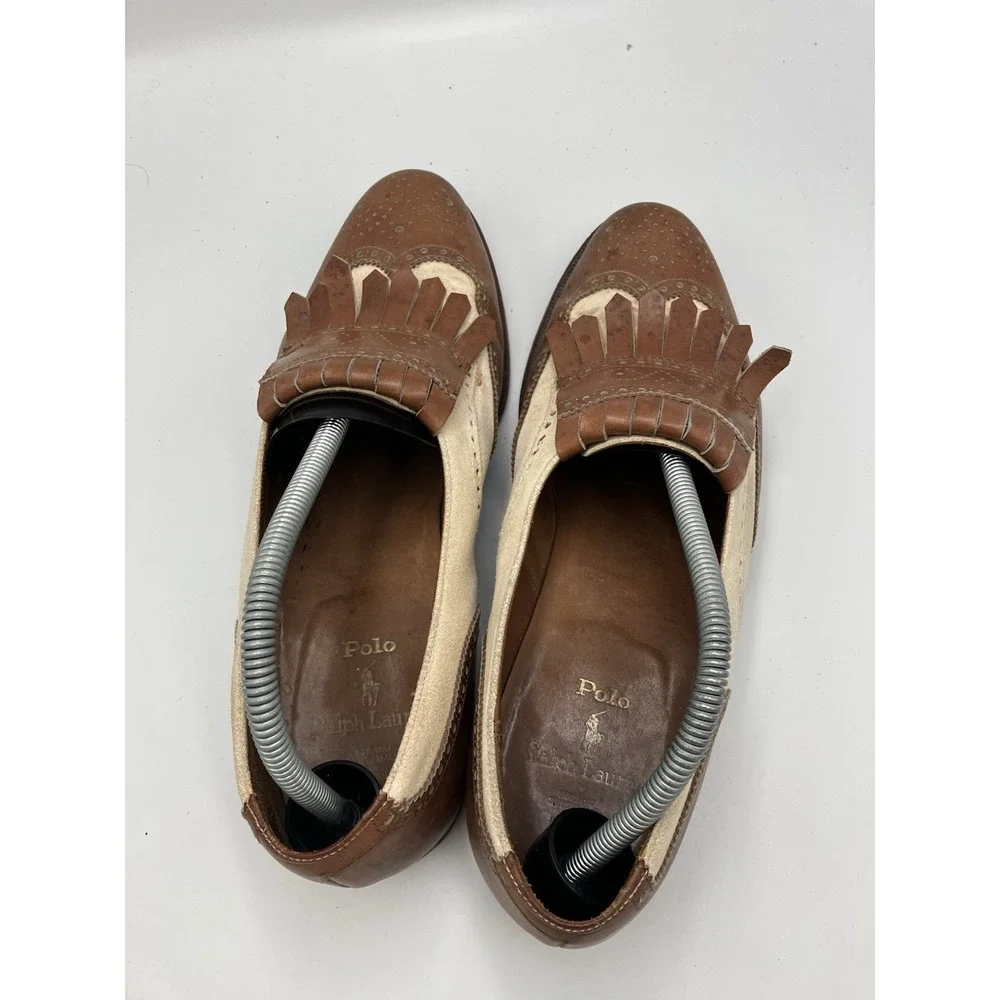 VTG Polo Ralph Lauren Bench Made Leather Shoes England Brown White‎ Size 10.5 D